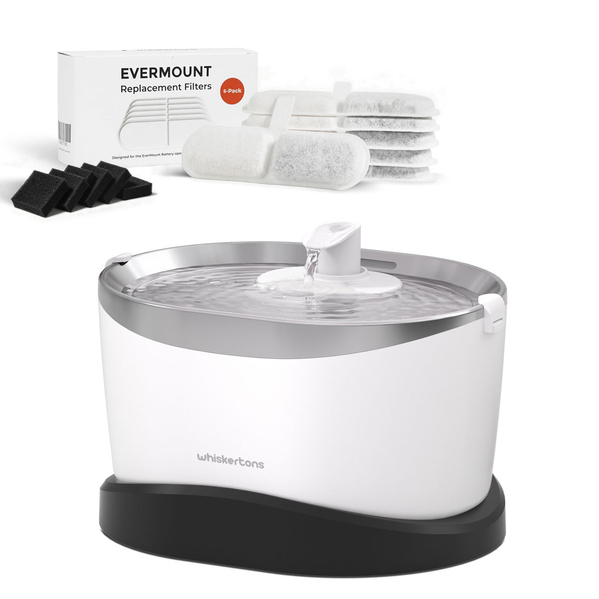 EverMount fountain with 6-pack replacement filters and sponges bundle