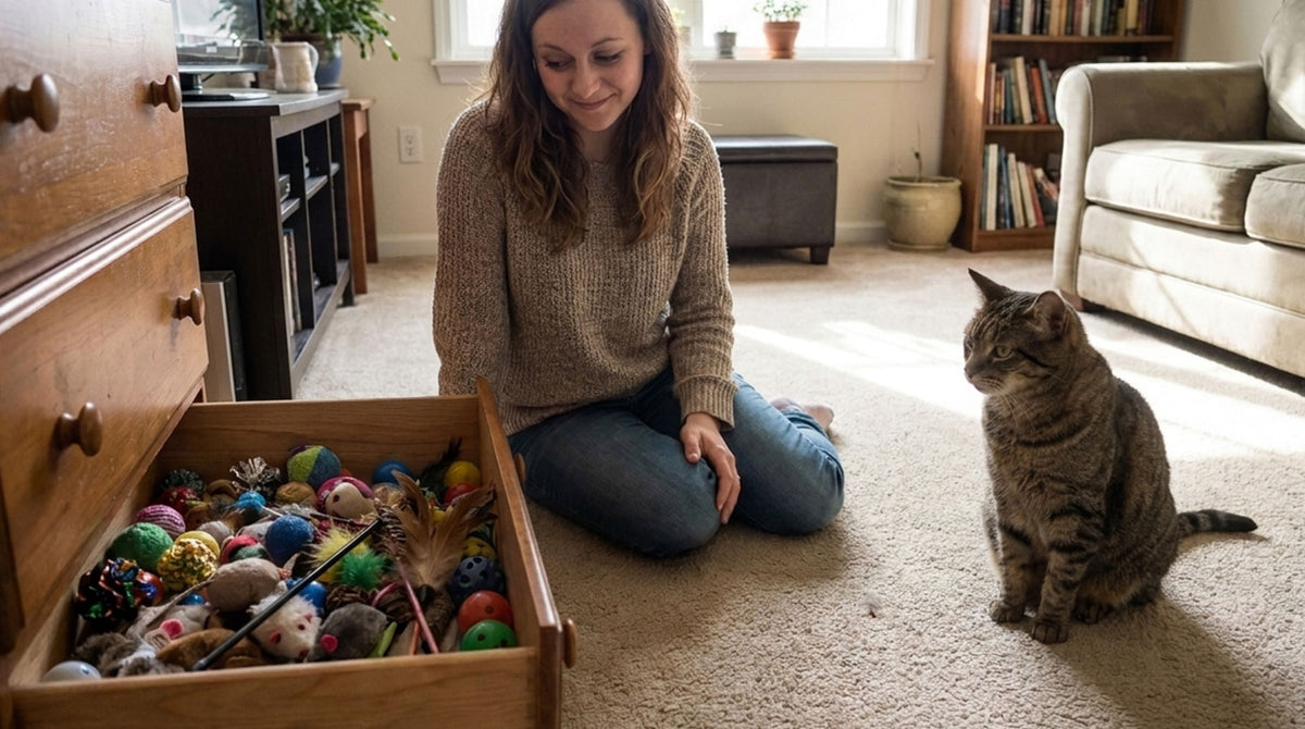 Woman looking through drawer of cat toys with her cat
