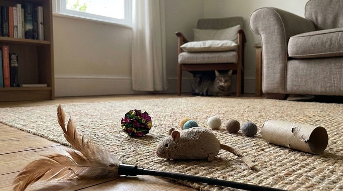 Cat playing with Whiskertons bird toy