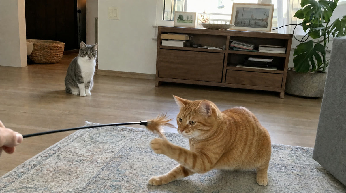 Confident orange cat pouncing on a feather wand while the quieter gray and white cat watches from across the room